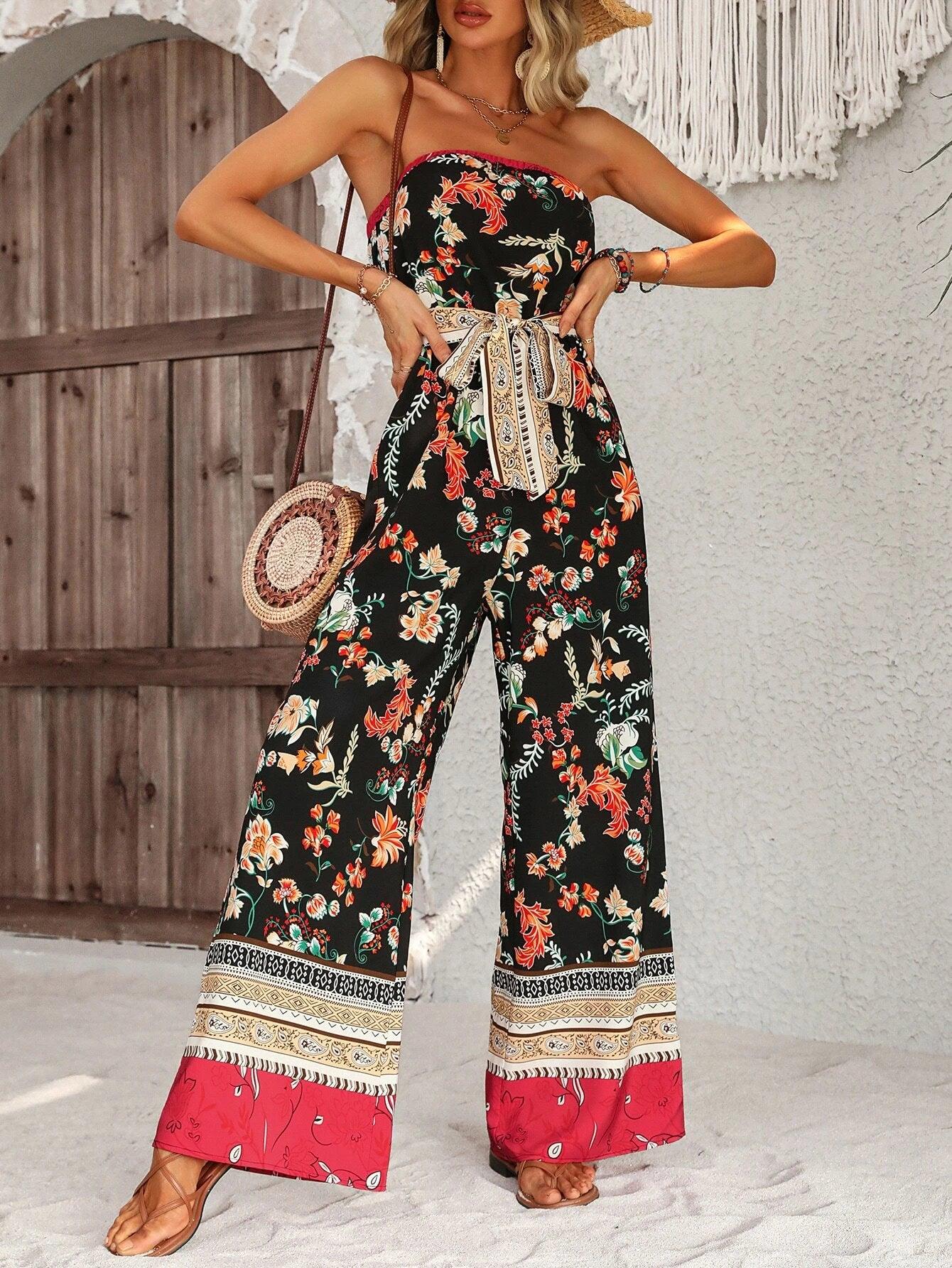 Floral Pattern Belted Tube Jumpsuit-Comfy Jumpsuits