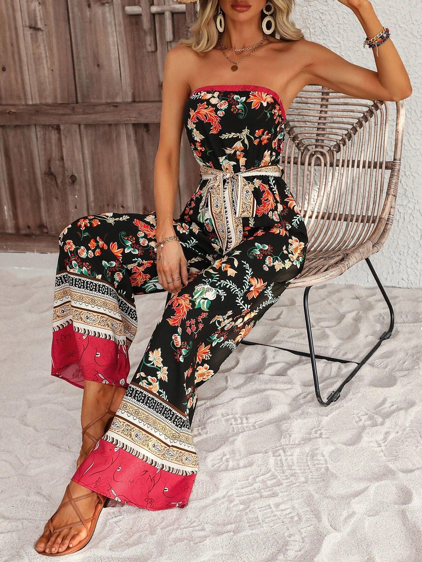 Floral Pattern Belted Tube Jumpsuit-Comfy Jumpsuits