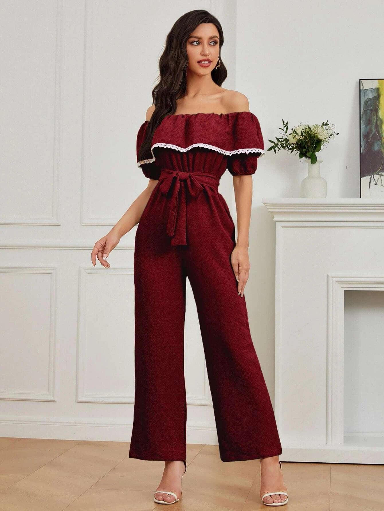 Ruffle Trim Belted Jumpsuit-Comfy Jumpsuits