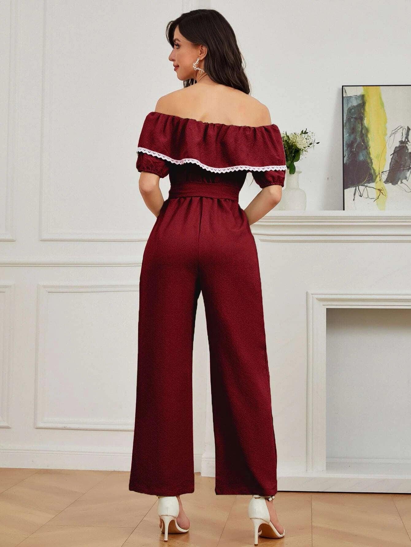 Ruffle Trim Belted Jumpsuit-Comfy Jumpsuits