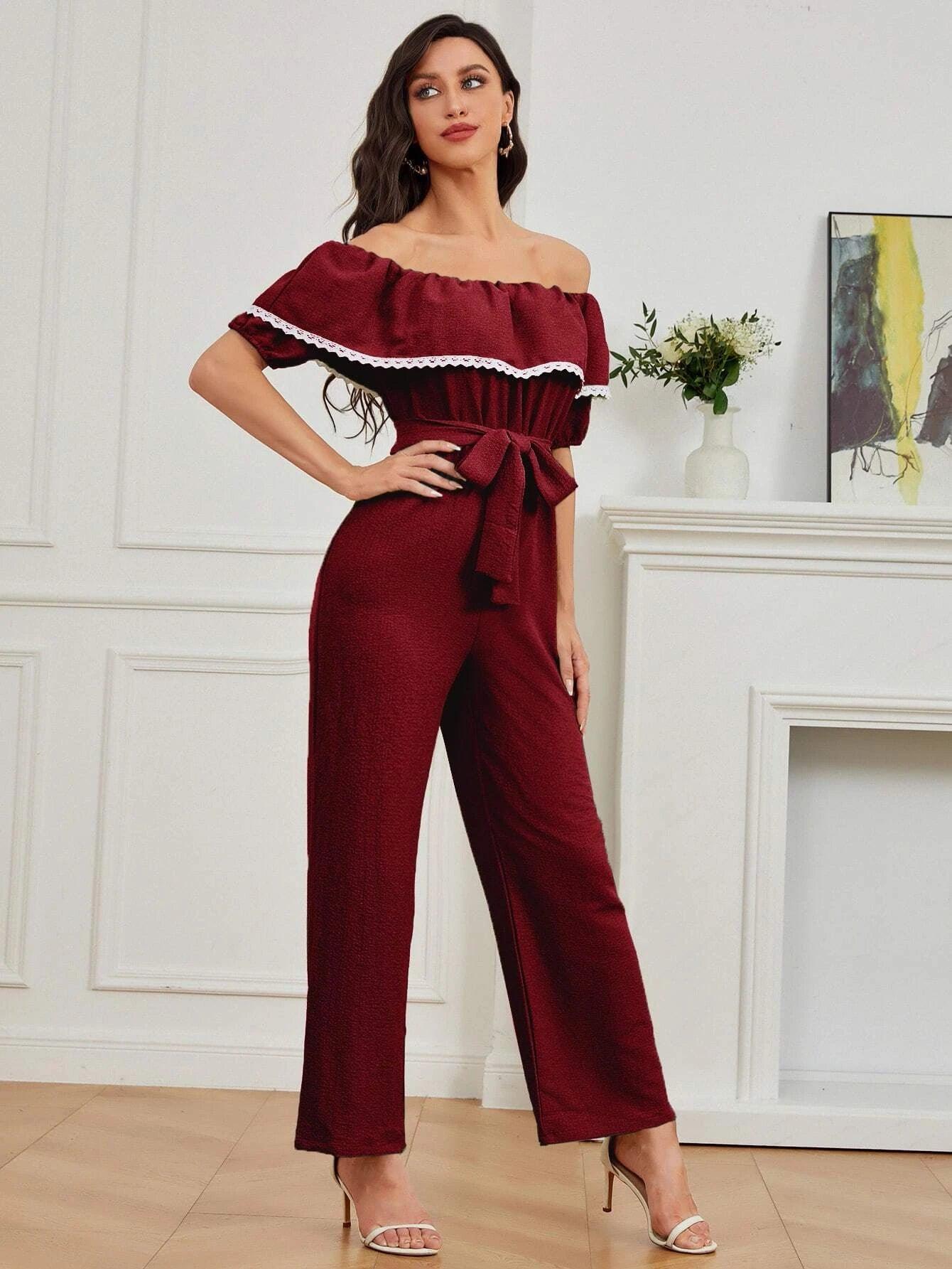 Ruffle Trim Belted Jumpsuit-Comfy Jumpsuits