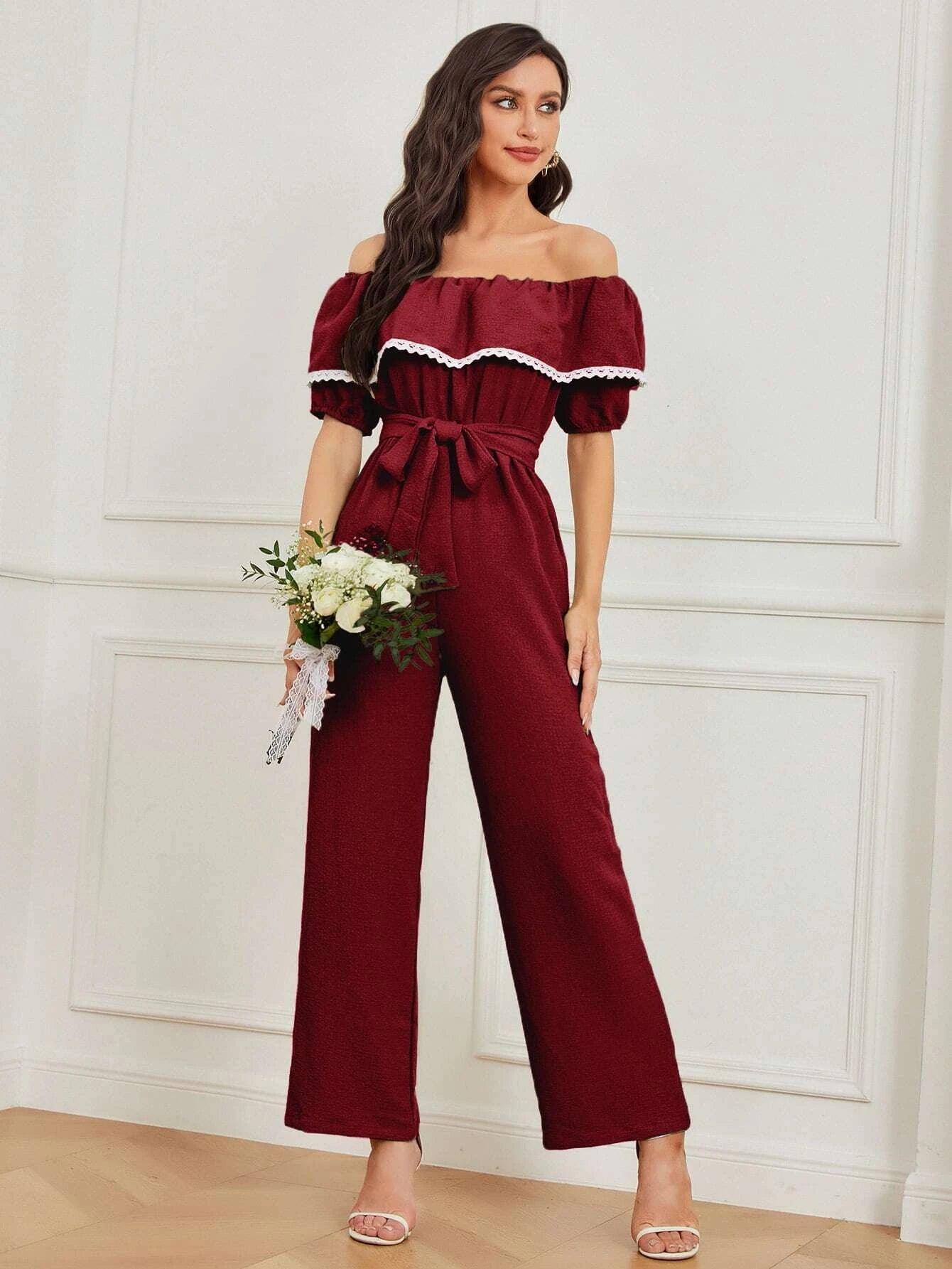 Ruffle Trim Belted Jumpsuit-Comfy Jumpsuits