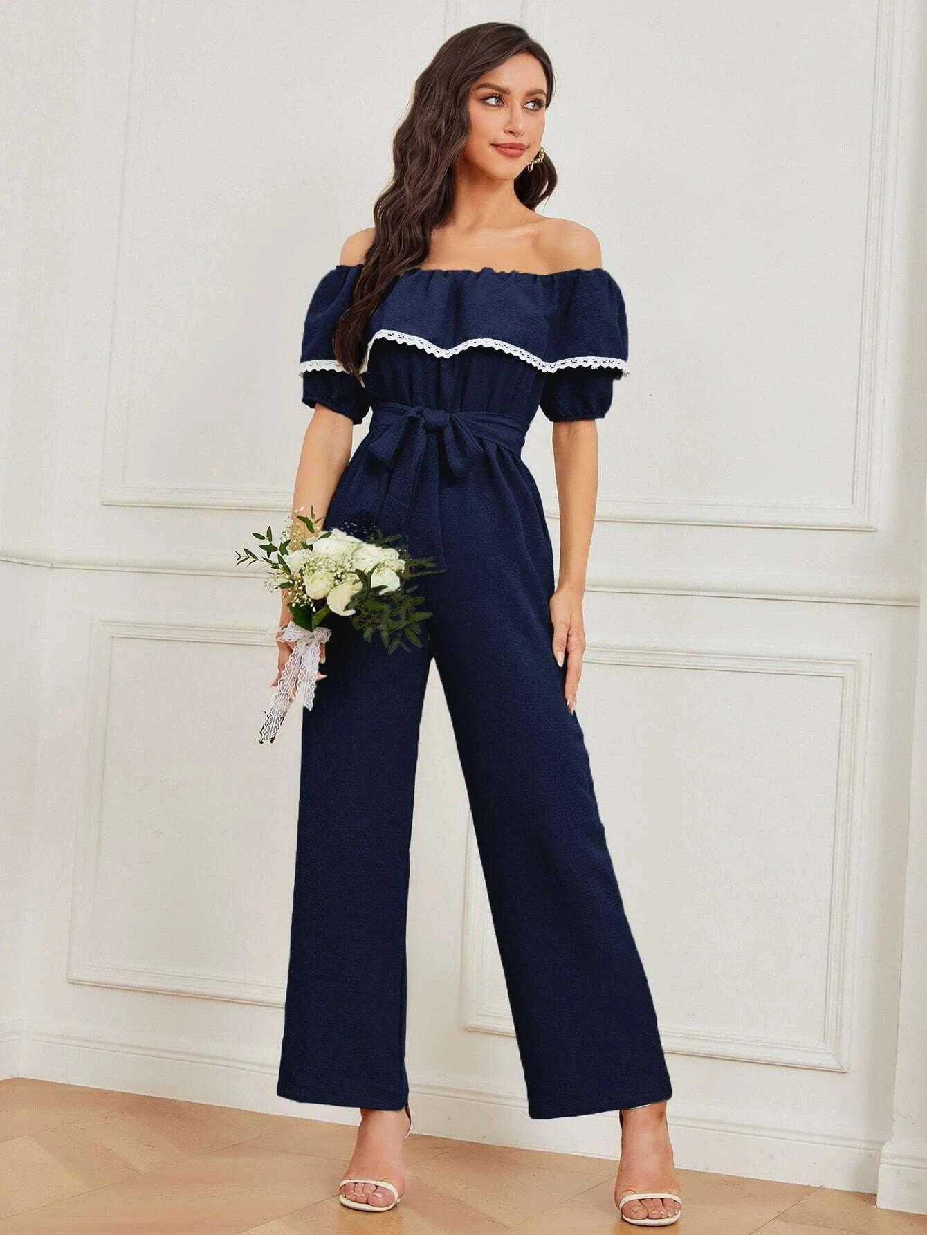 Ruffle Trim Belted Jumpsuit-Comfy Jumpsuits