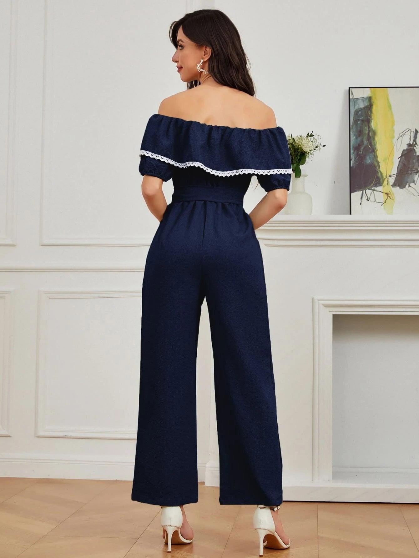 Ruffle Trim Belted Jumpsuit-Comfy Jumpsuits