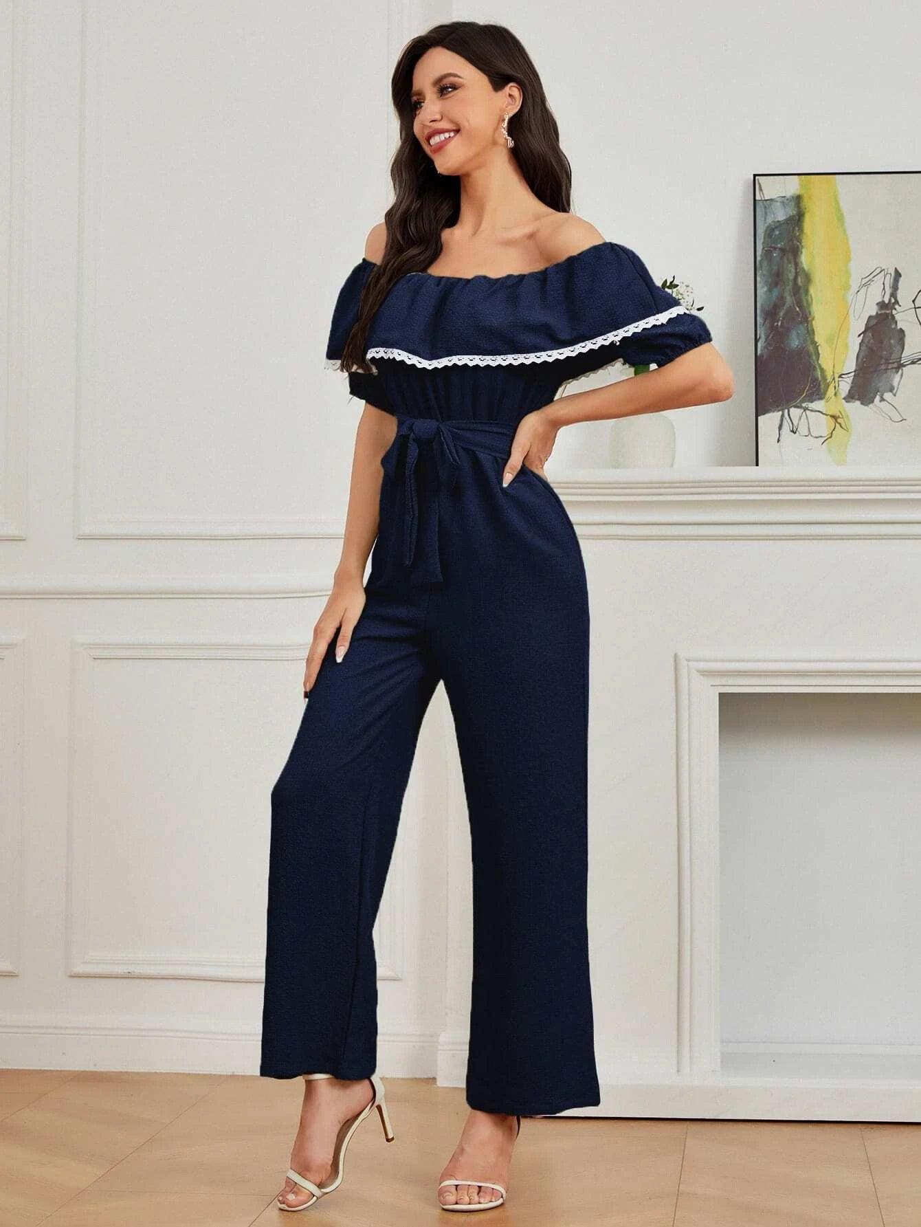 Ruffle Trim Belted Jumpsuit-Comfy Jumpsuits