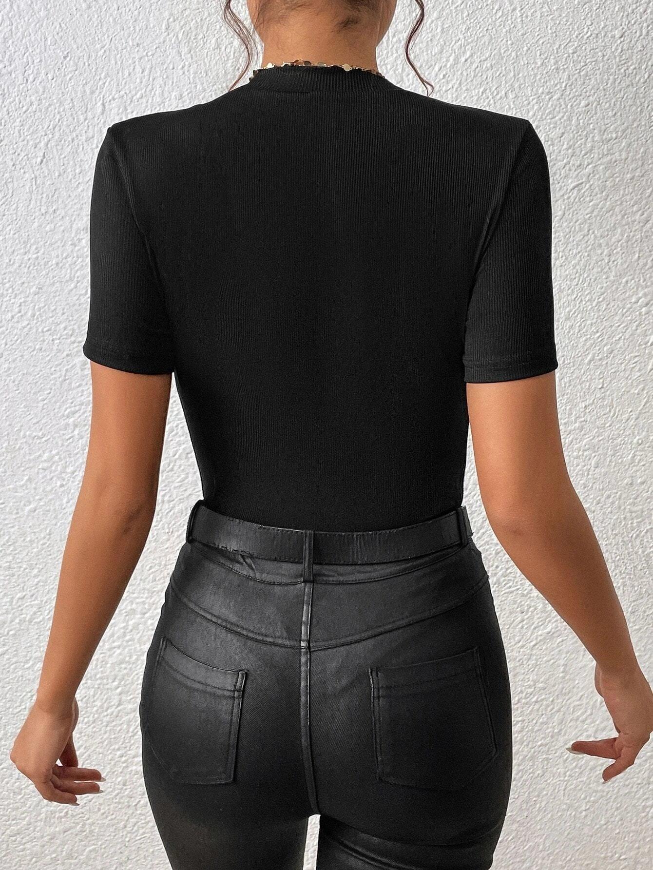 Elegant V Neck Tee Button Front Bodysuit-Comfy Jumpsuits