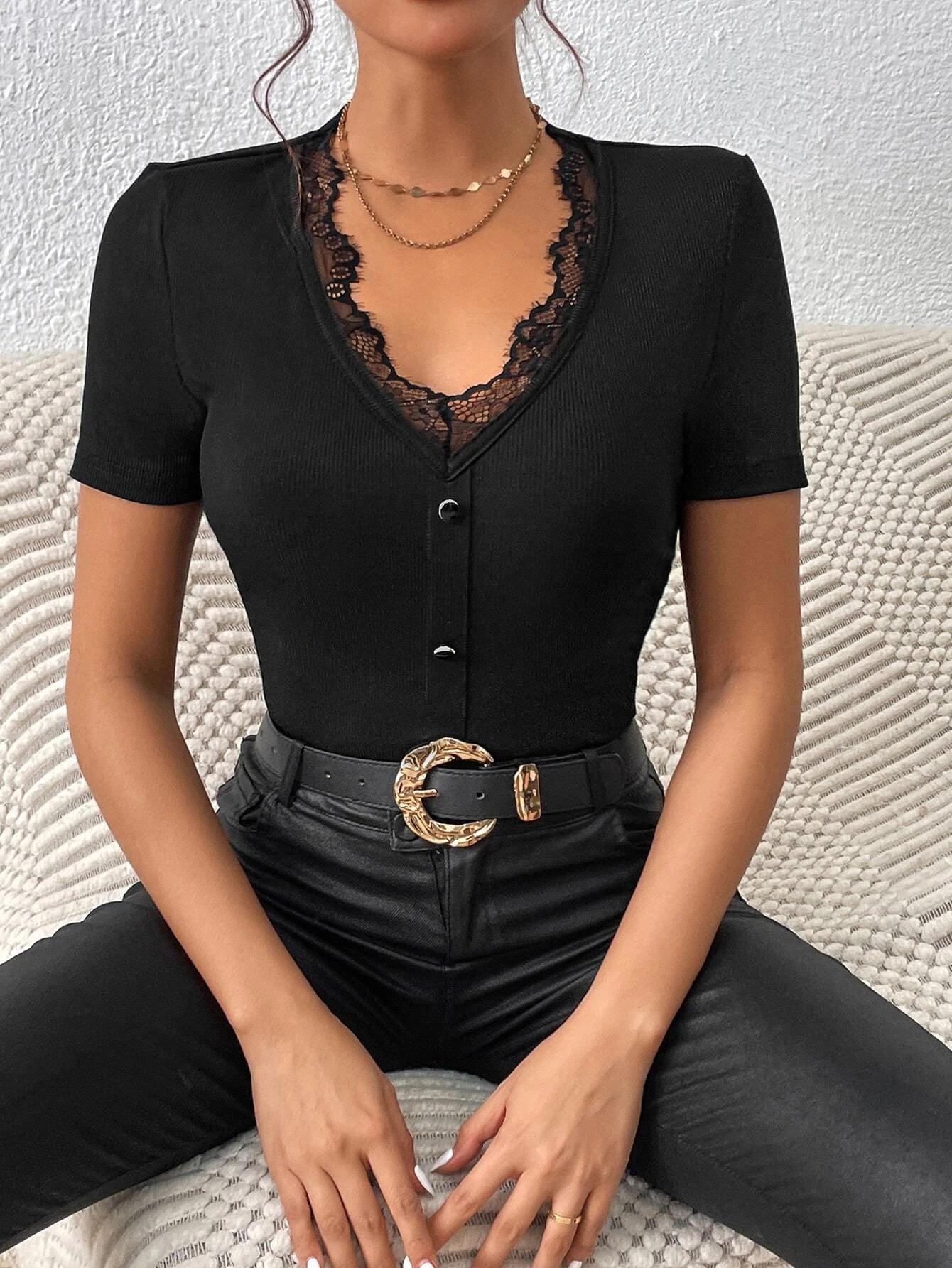 Elegant V Neck Tee Button Front Bodysuit-Comfy Jumpsuits