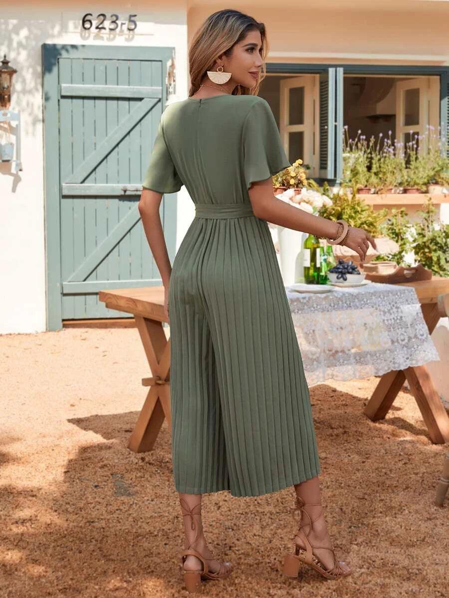 Butterfly Sleeve Pleated Belted Jumpsuit-Comfy Jumpsuits