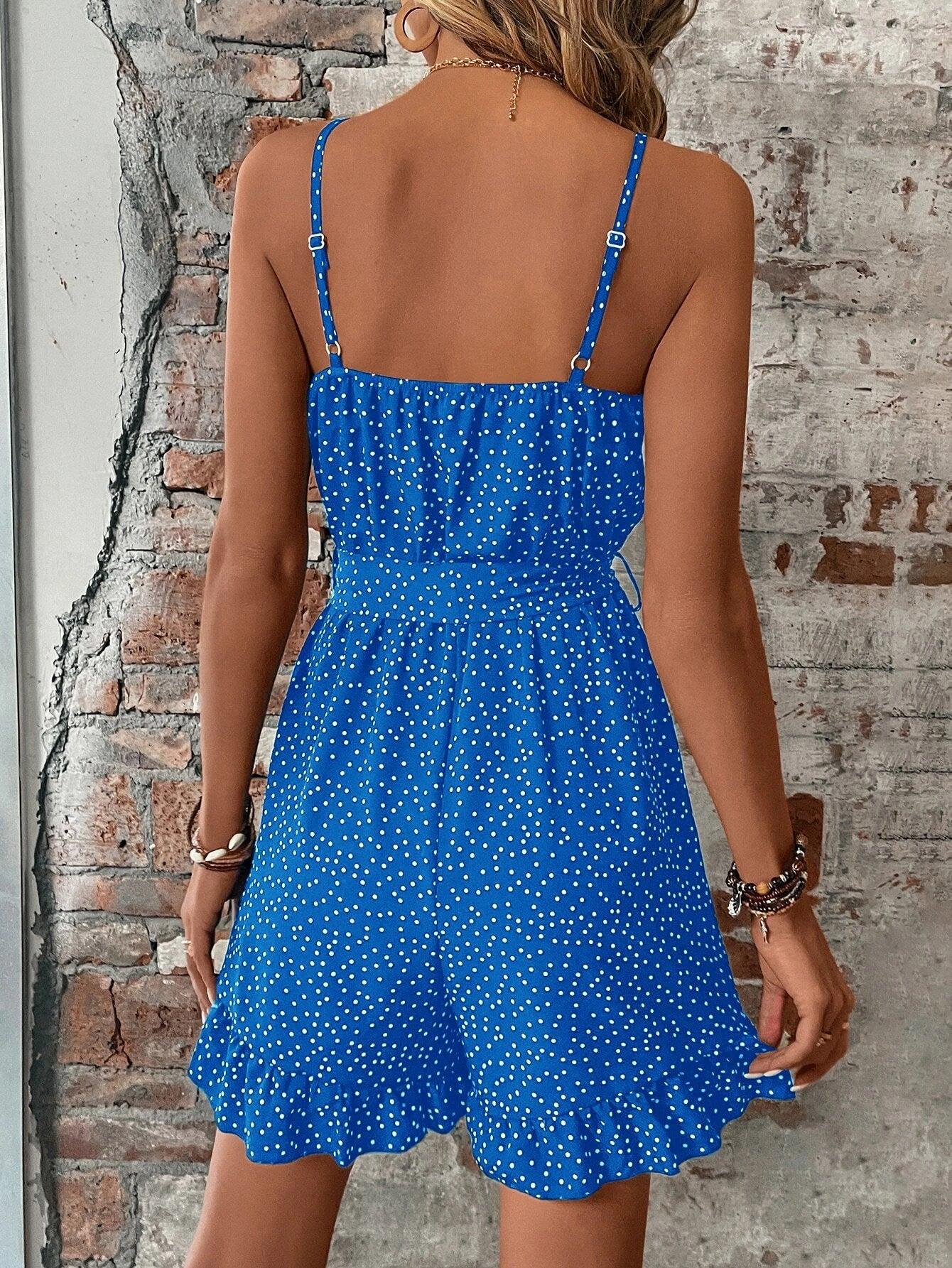 Dot Ruffle Hem Belted Cami Romper-Comfy Jumpsuits