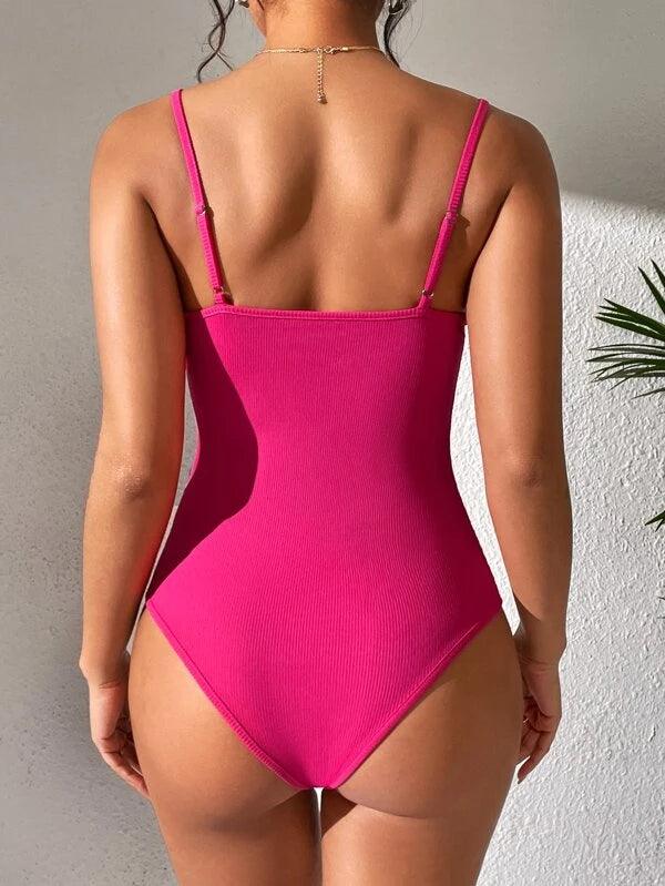 Lace Trim Casual Plain Cami Bodysuit-Comfy Jumpsuits