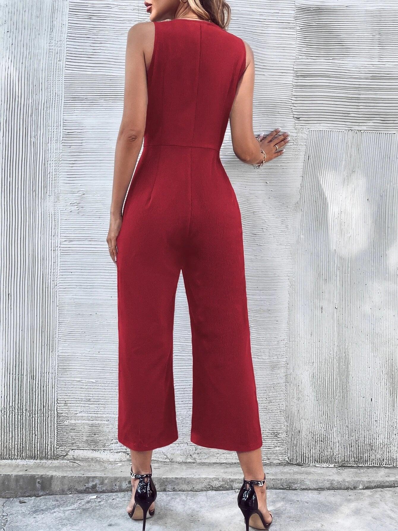 Button Front Sleeveless Jumpsuit-Comfy Jumpsuits