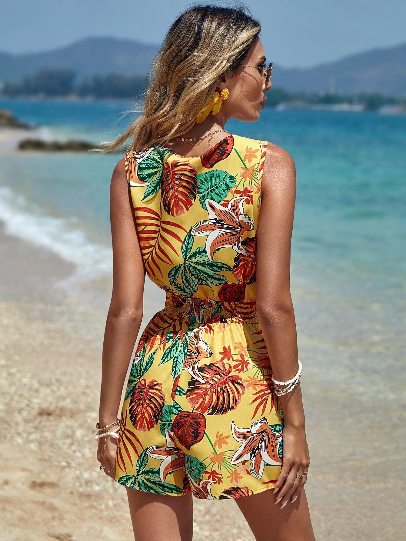 Tropical Print Shirred Waist Tank Romper-Comfy Jumpsuits