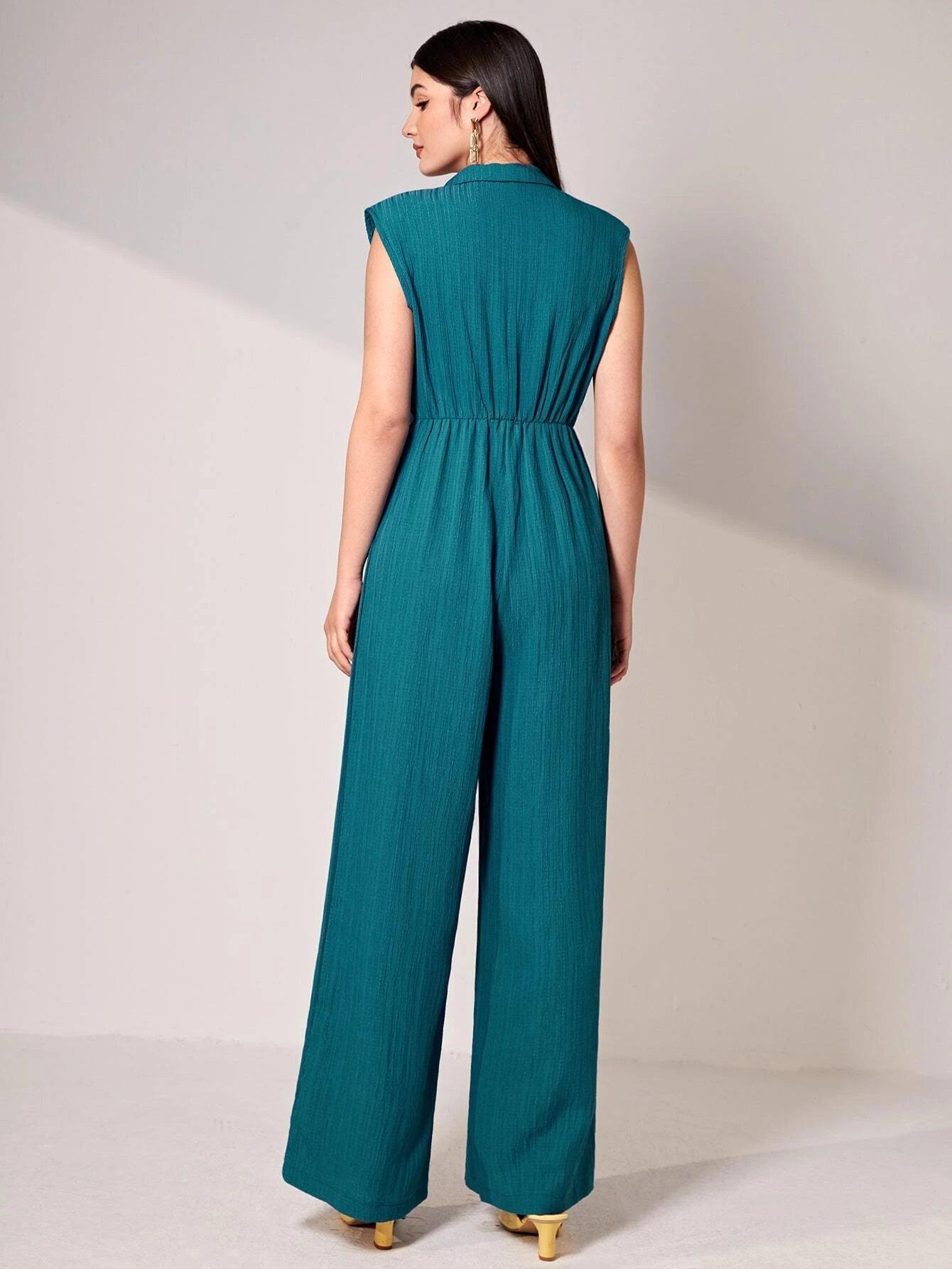 Lapel Collar Wide Bottom Jumpsuit-Comfy Jumpsuits