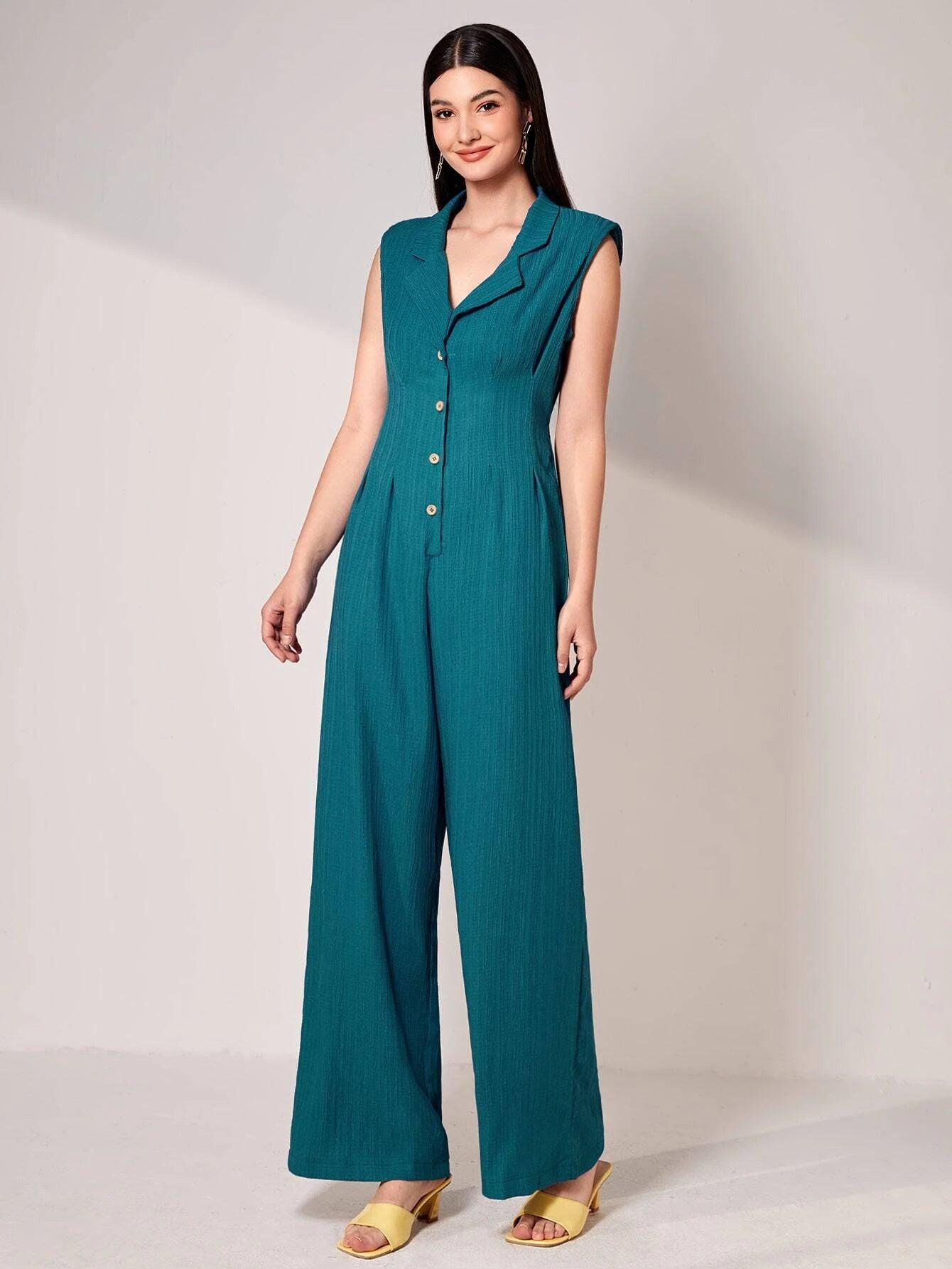 Lapel Collar Wide Bottom Jumpsuit-Comfy Jumpsuits