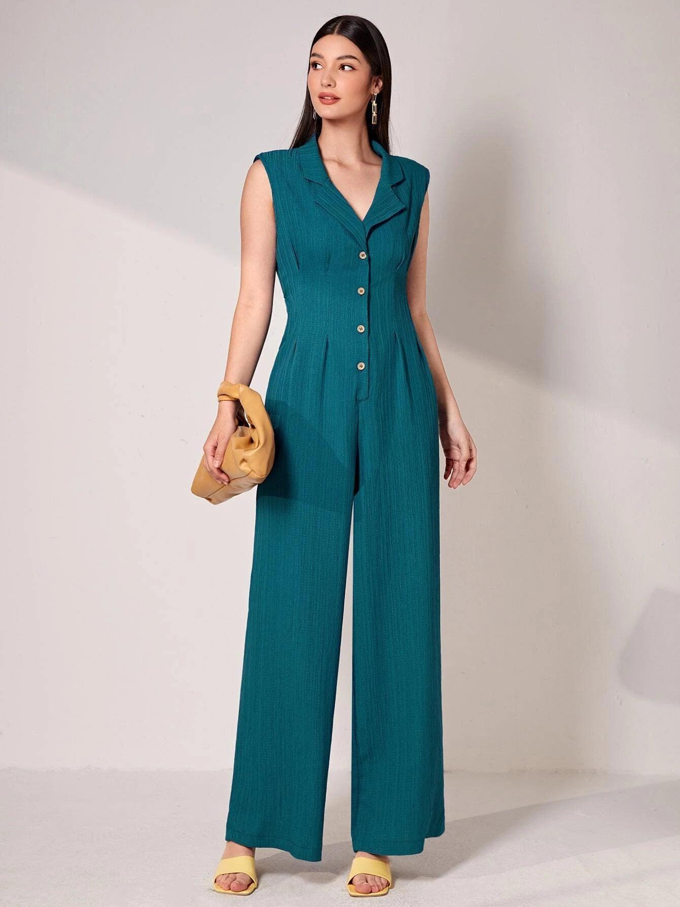Lapel Collar Wide Bottom Jumpsuit-Comfy Jumpsuits