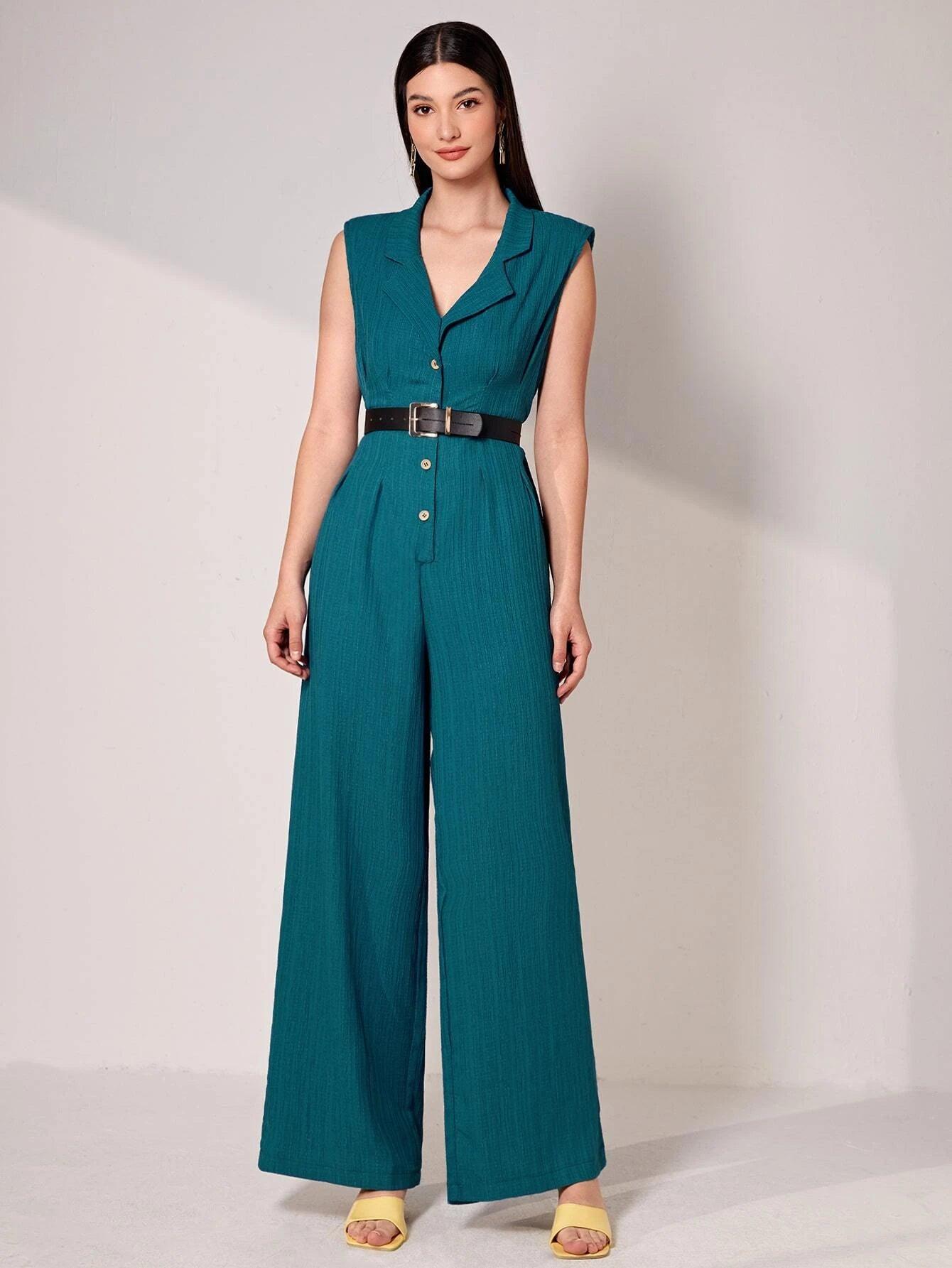 Lapel Collar Wide Bottom Jumpsuit-Comfy Jumpsuits