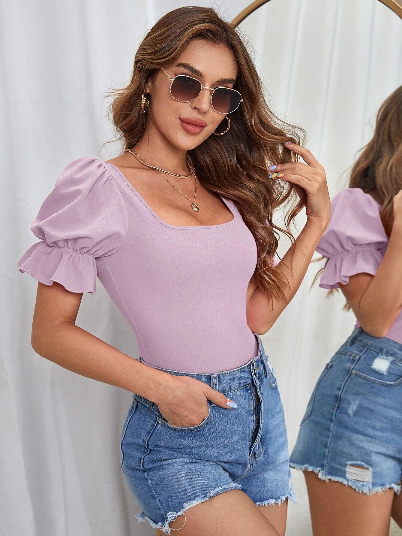 Square Neck Puff Sleeve Tee Bodysuit-Comfy Jumpsuits