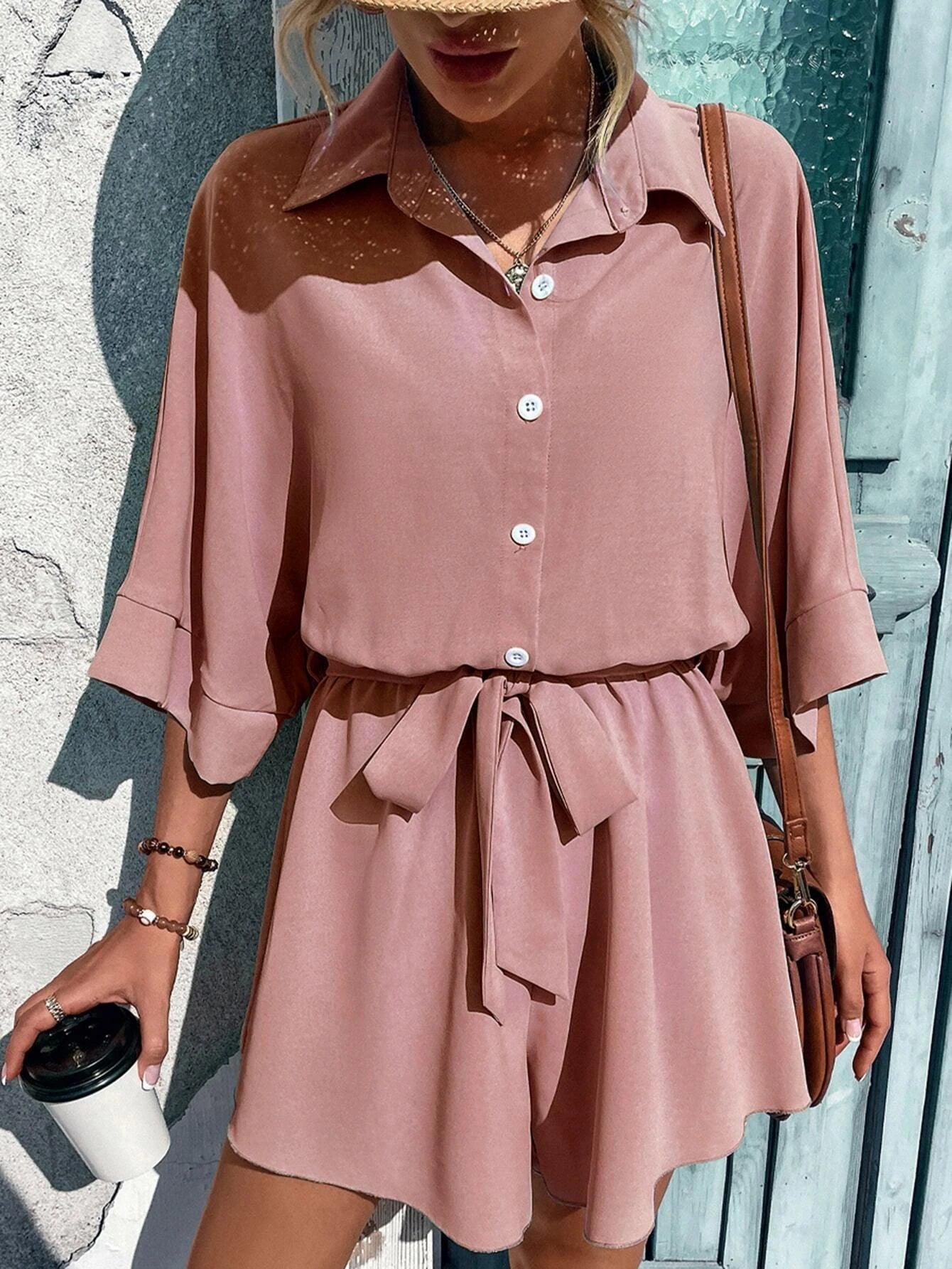 Batwing Sleeve Belted Shirt Romper-Comfy Jumpsuits