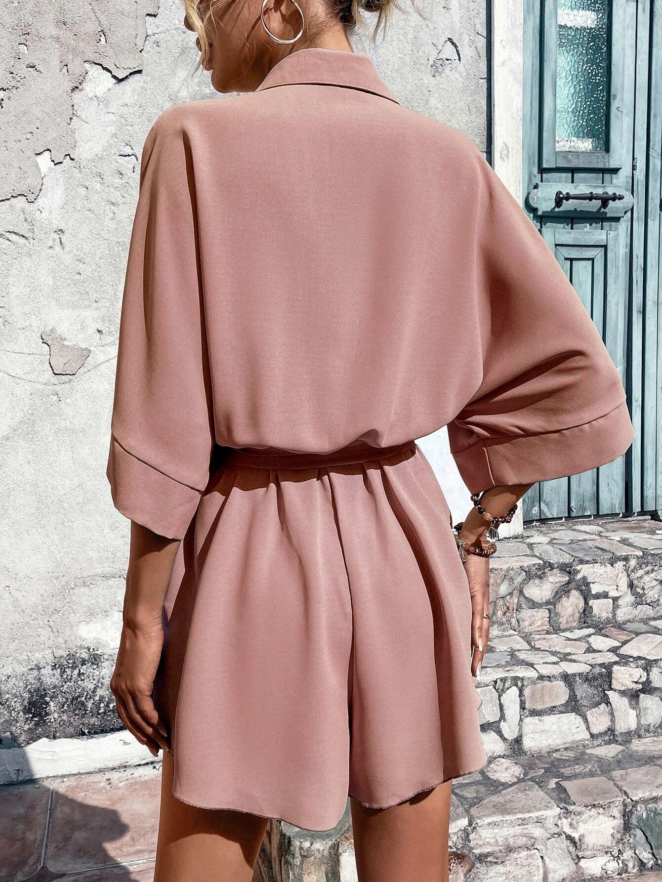 Batwing Sleeve Belted Shirt Romper-Comfy Jumpsuits