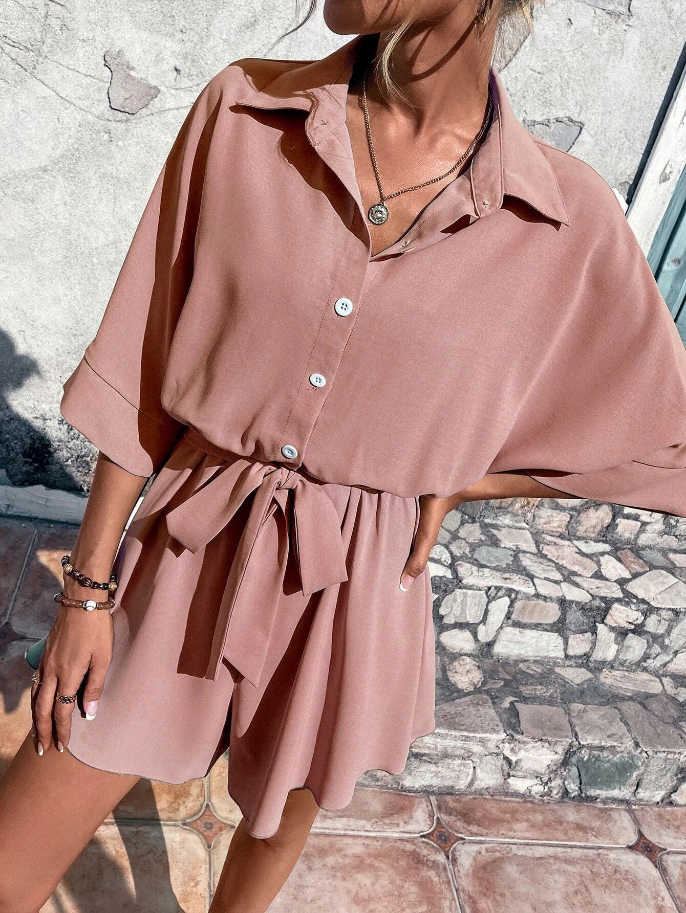 Batwing Sleeve Belted Shirt Romper-Comfy Jumpsuits