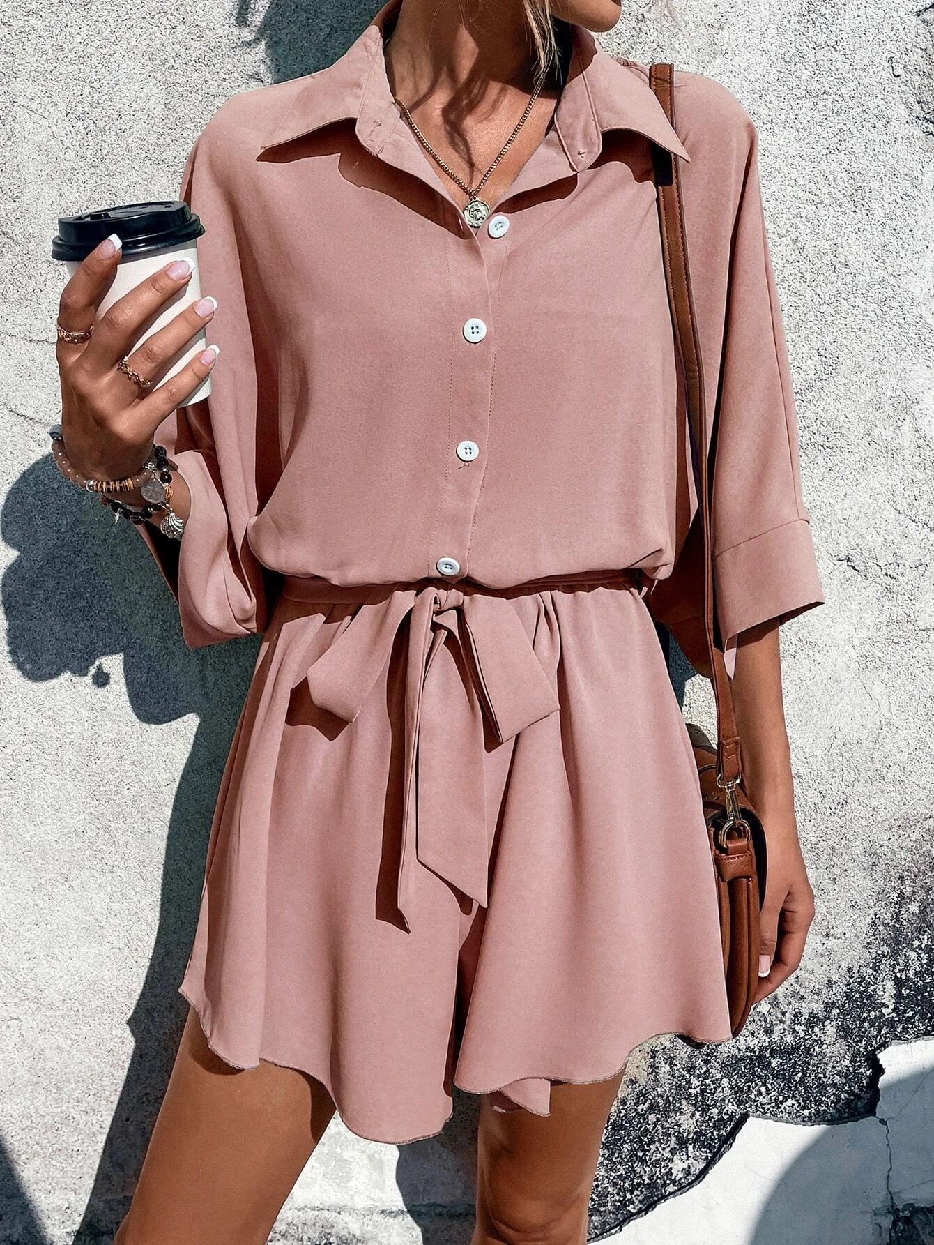 Batwing Sleeve Belted Shirt Romper-Comfy Jumpsuits