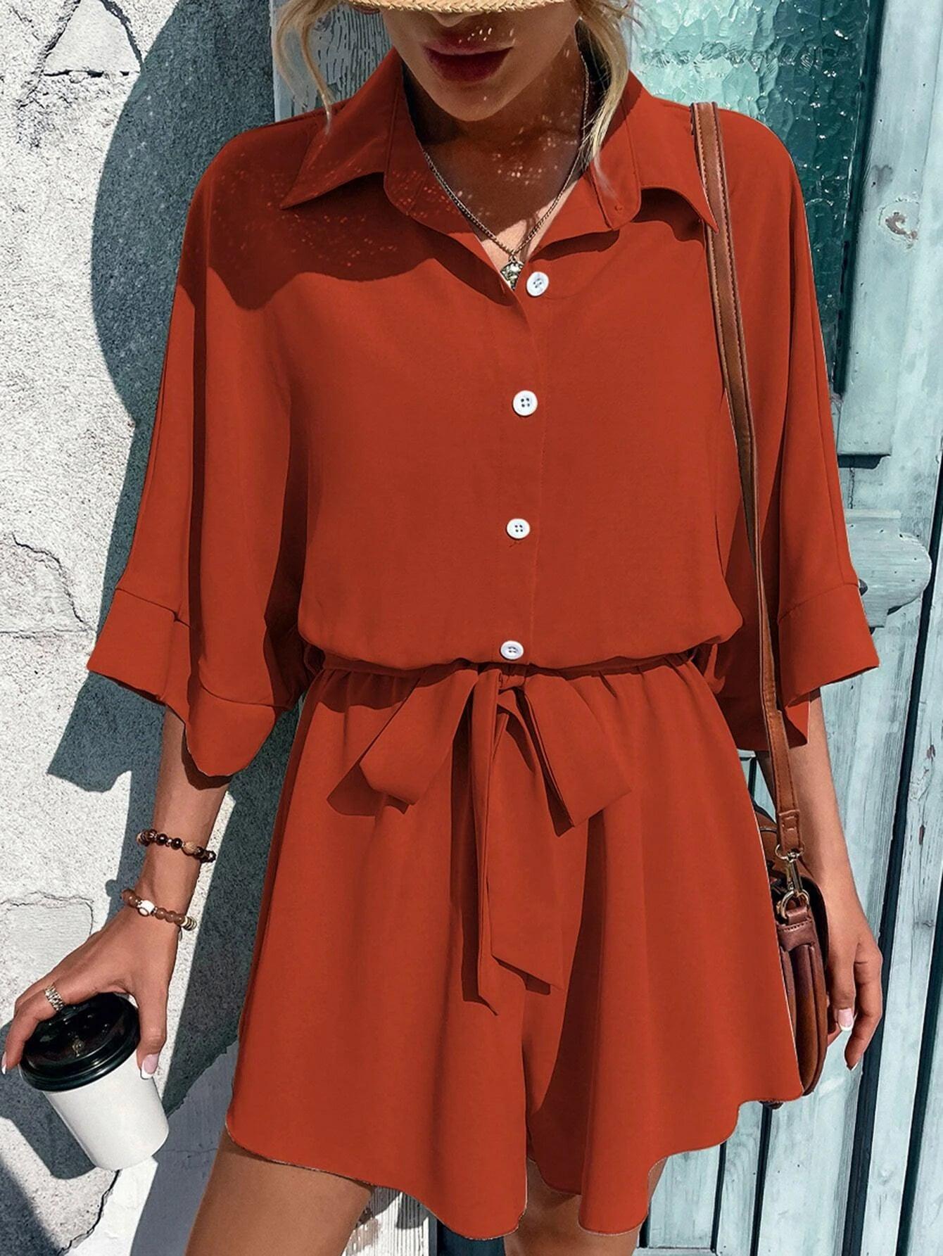 Batwing Sleeve Belted Shirt Romper-Comfy Jumpsuits