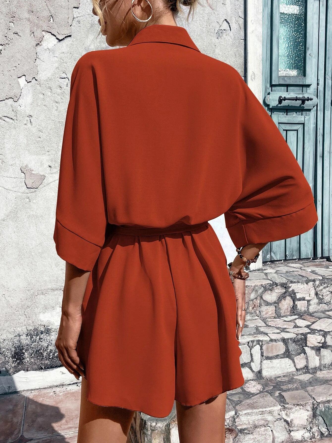 Batwing Sleeve Belted Shirt Romper-Comfy Jumpsuits