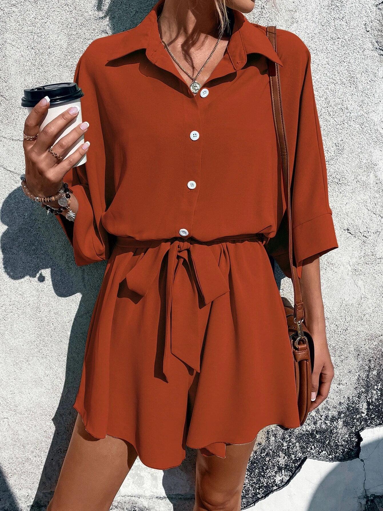 Batwing Sleeve Belted Shirt Romper-Comfy Jumpsuits