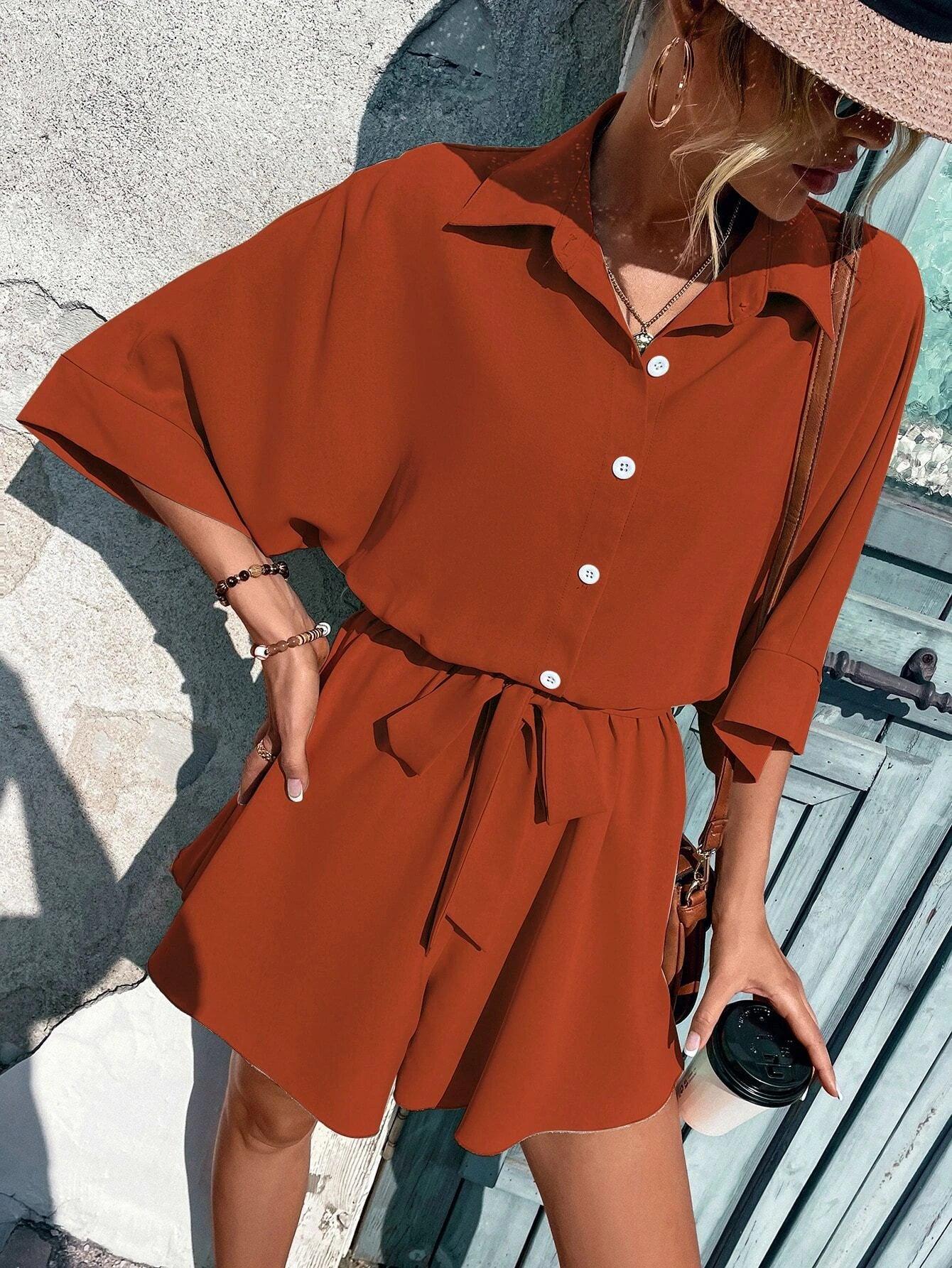 Batwing Sleeve Belted Shirt Romper-Comfy Jumpsuits