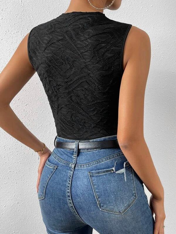 Solid Mock Neck Casual Bodysuit-Comfy Jumpsuits