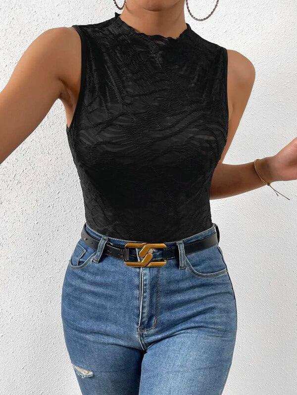 Solid Mock Neck Casual Bodysuit-Comfy Jumpsuits