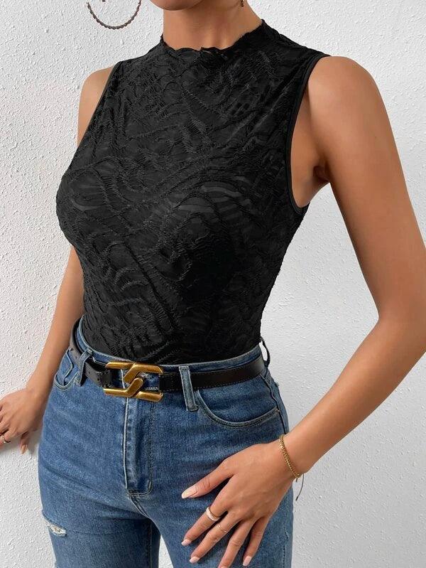 Solid Mock Neck Casual Bodysuit-Comfy Jumpsuits