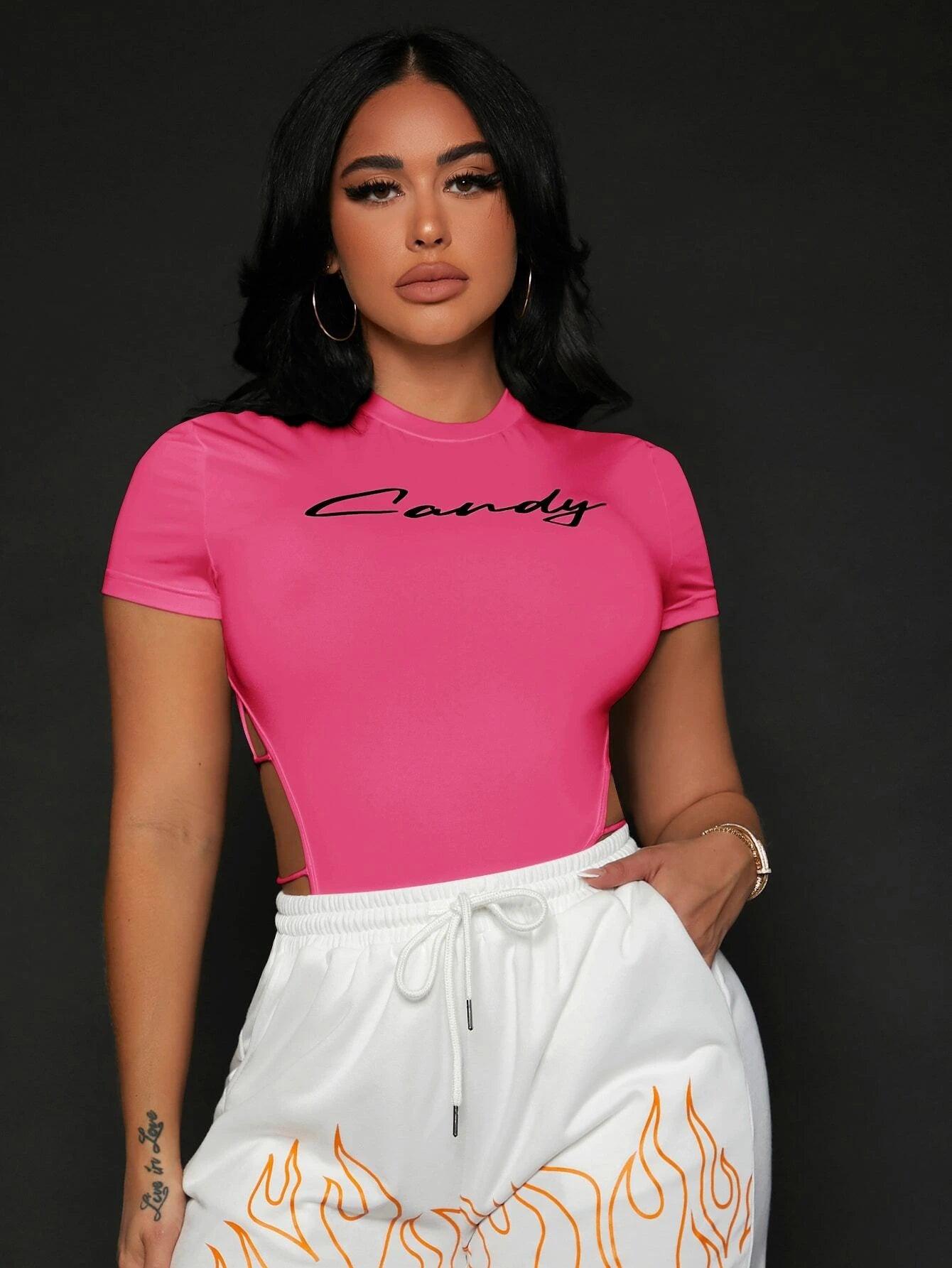 High Cut Out Side Tee Bodysuit-Comfy Jumpsuits