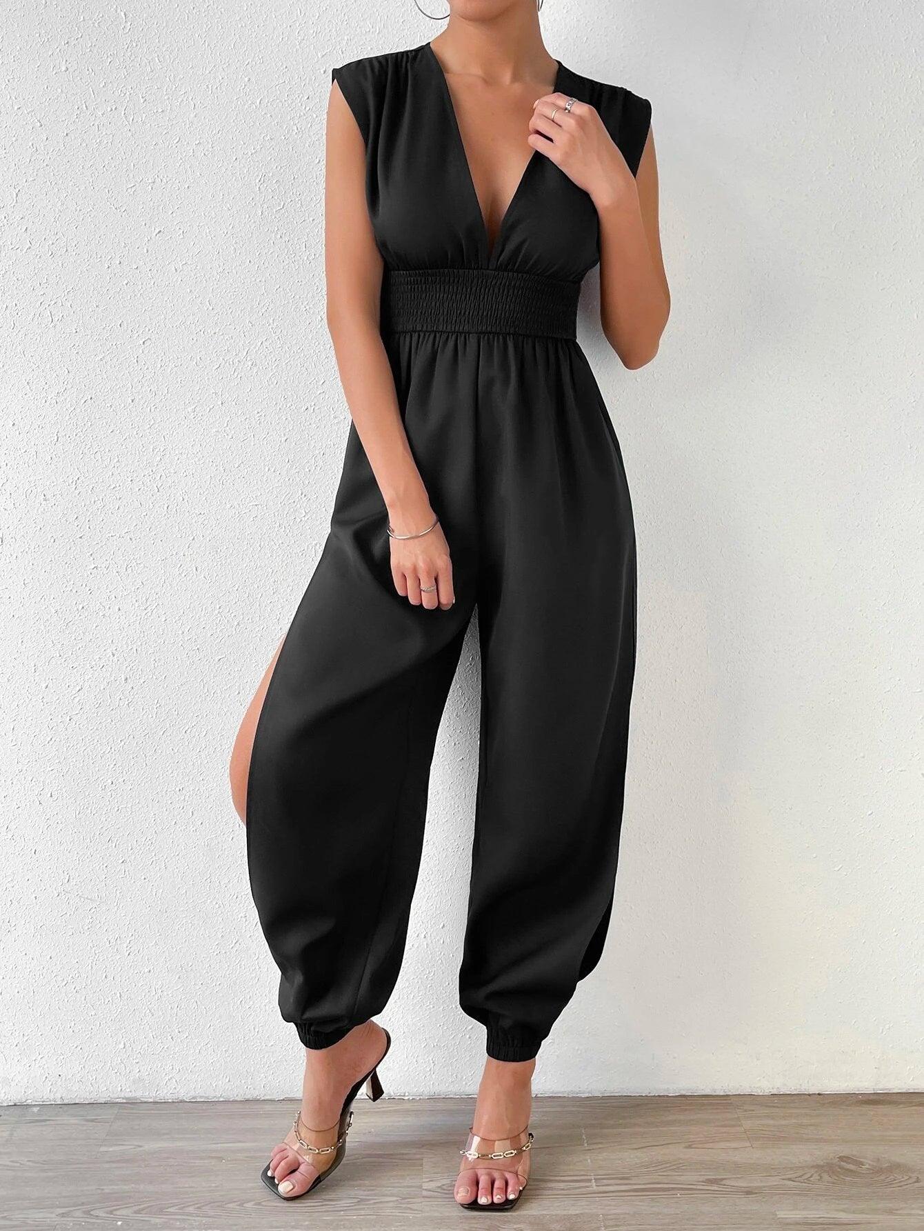 Deep V Neck Split Bottom Jumpsuit-Comfy Jumpsuits