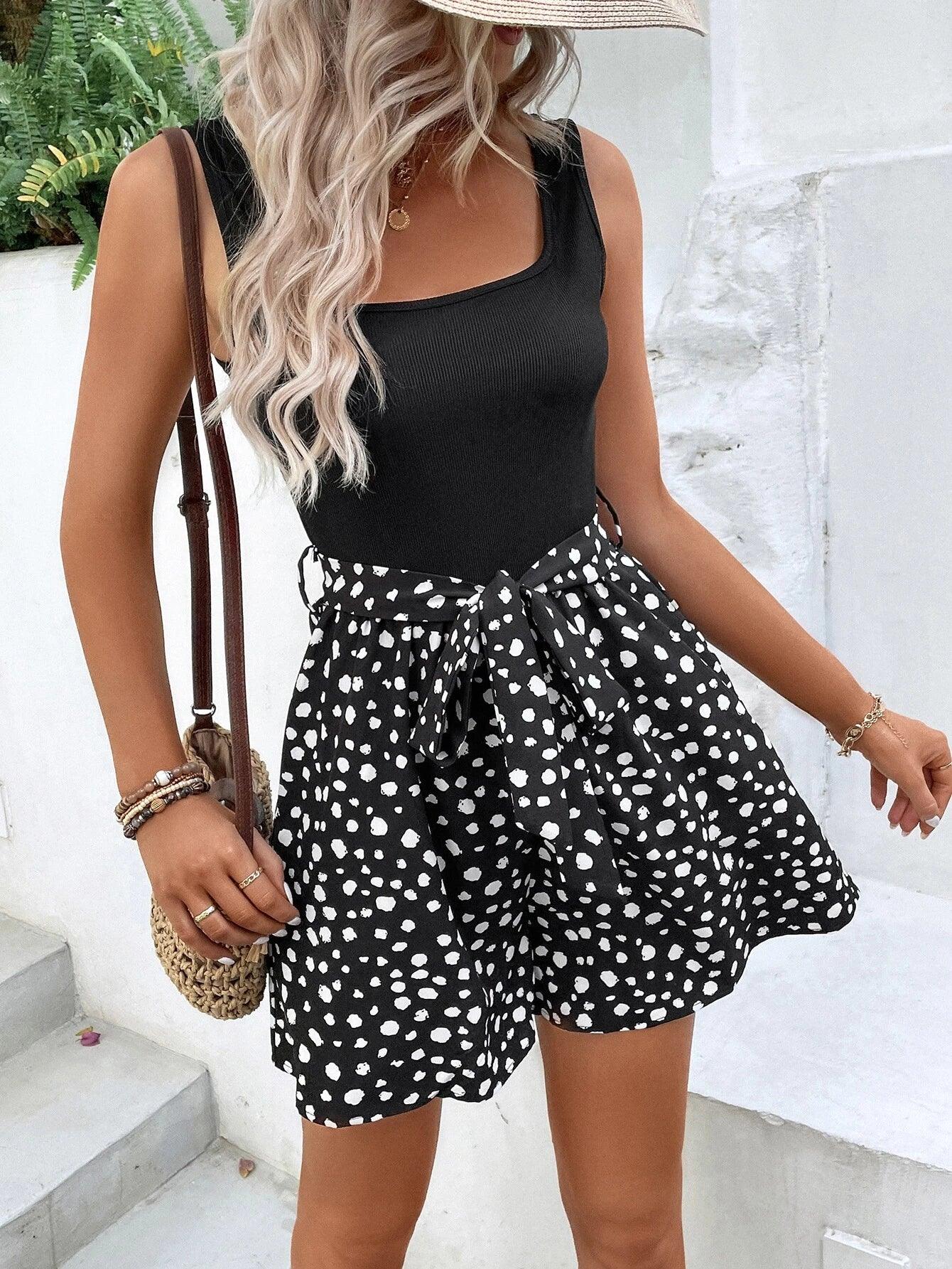 Print Belted Tank Romper-Comfy Jumpsuits