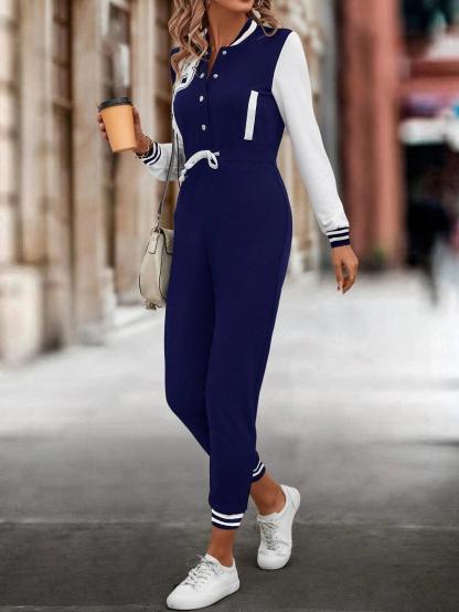 Letter Graphic Contrast Striped Drawstring Waist Jumpsuit-Comfy Jumpsuits