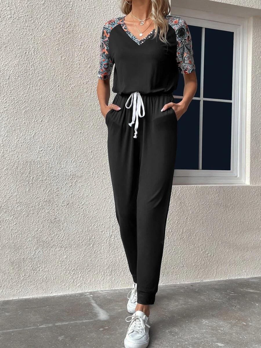 Floral & Geo Print Raglan Sleeve Drawstring Waist Slant Pockets Jumpsuit-Comfy Jumpsuits