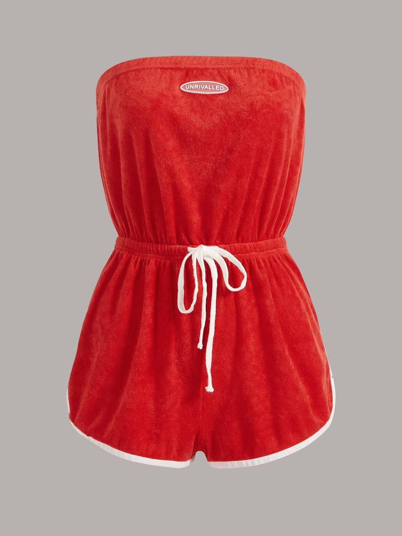 Letter Patched Drawstring Binding Tube Romper-Comfy Jumpsuits