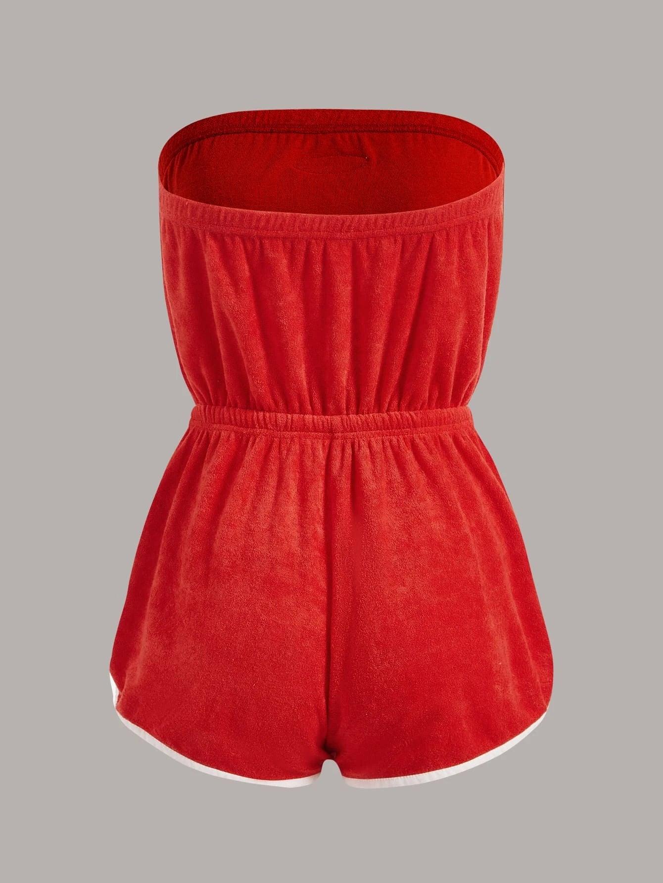 Letter Patched Drawstring Binding Tube Romper-Comfy Jumpsuits