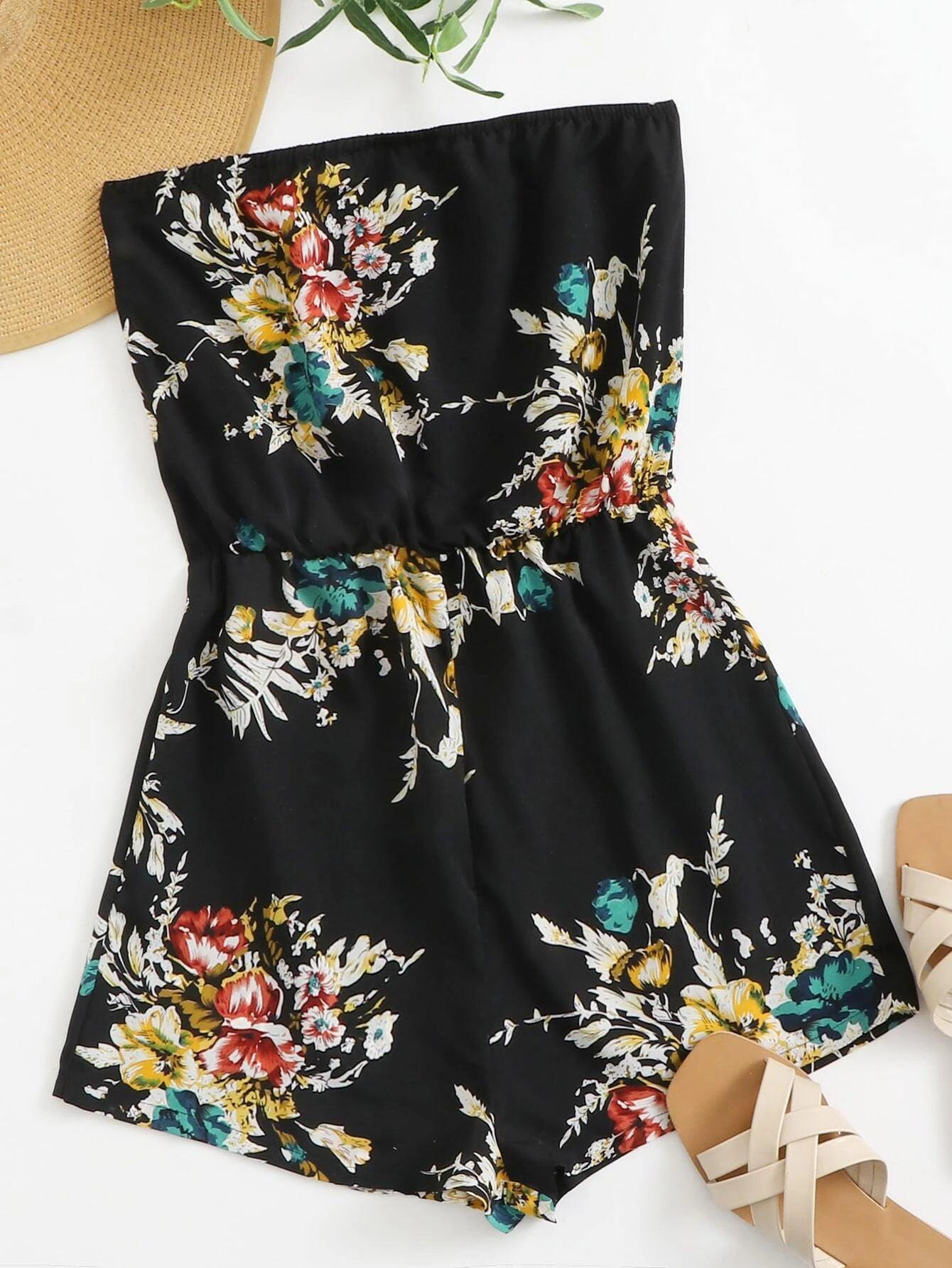 Botanical Print Blouson Waist Tube Romper-Comfy Jumpsuits