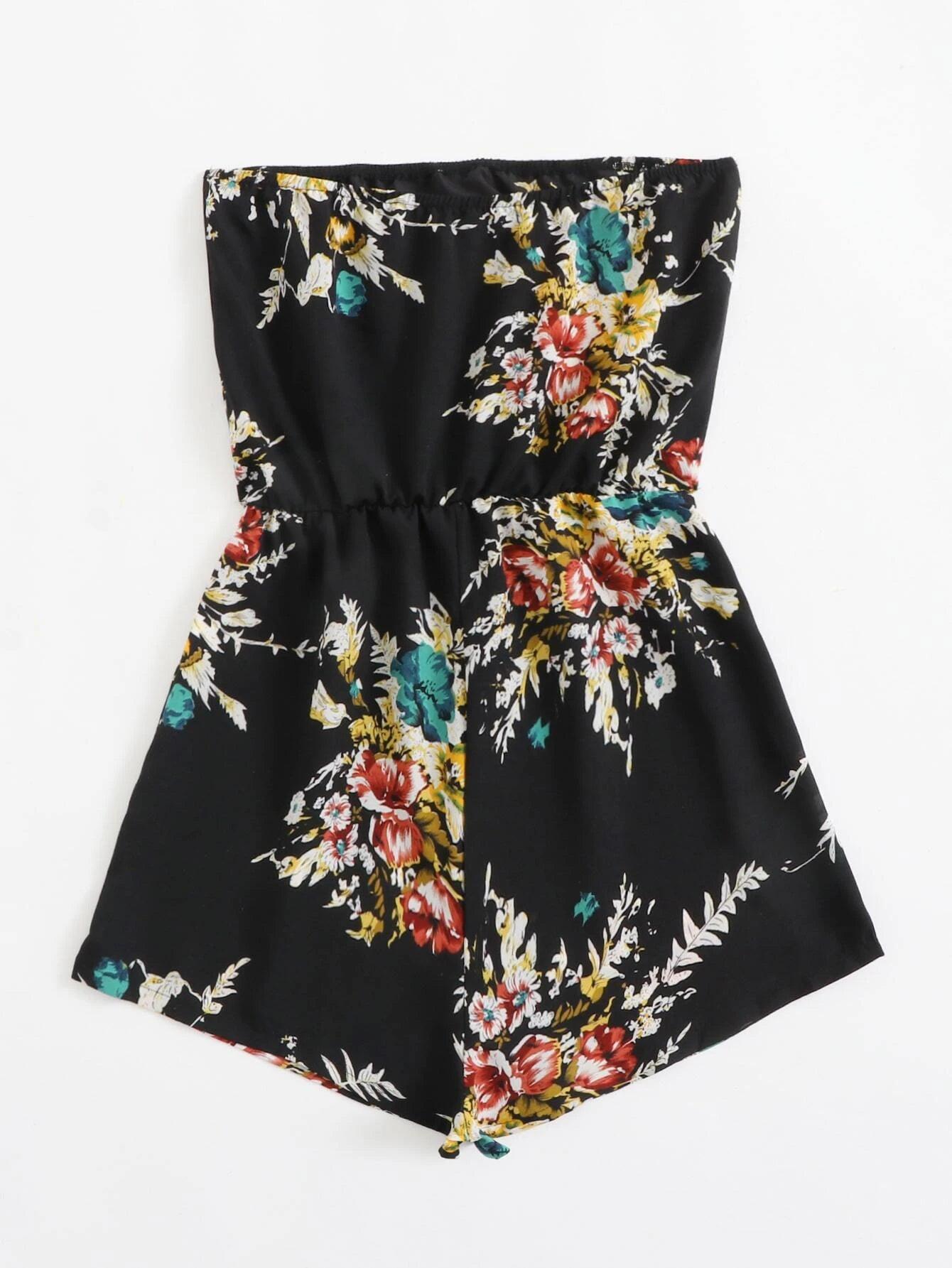 Botanical Print Blouson Waist Tube Romper-Comfy Jumpsuits