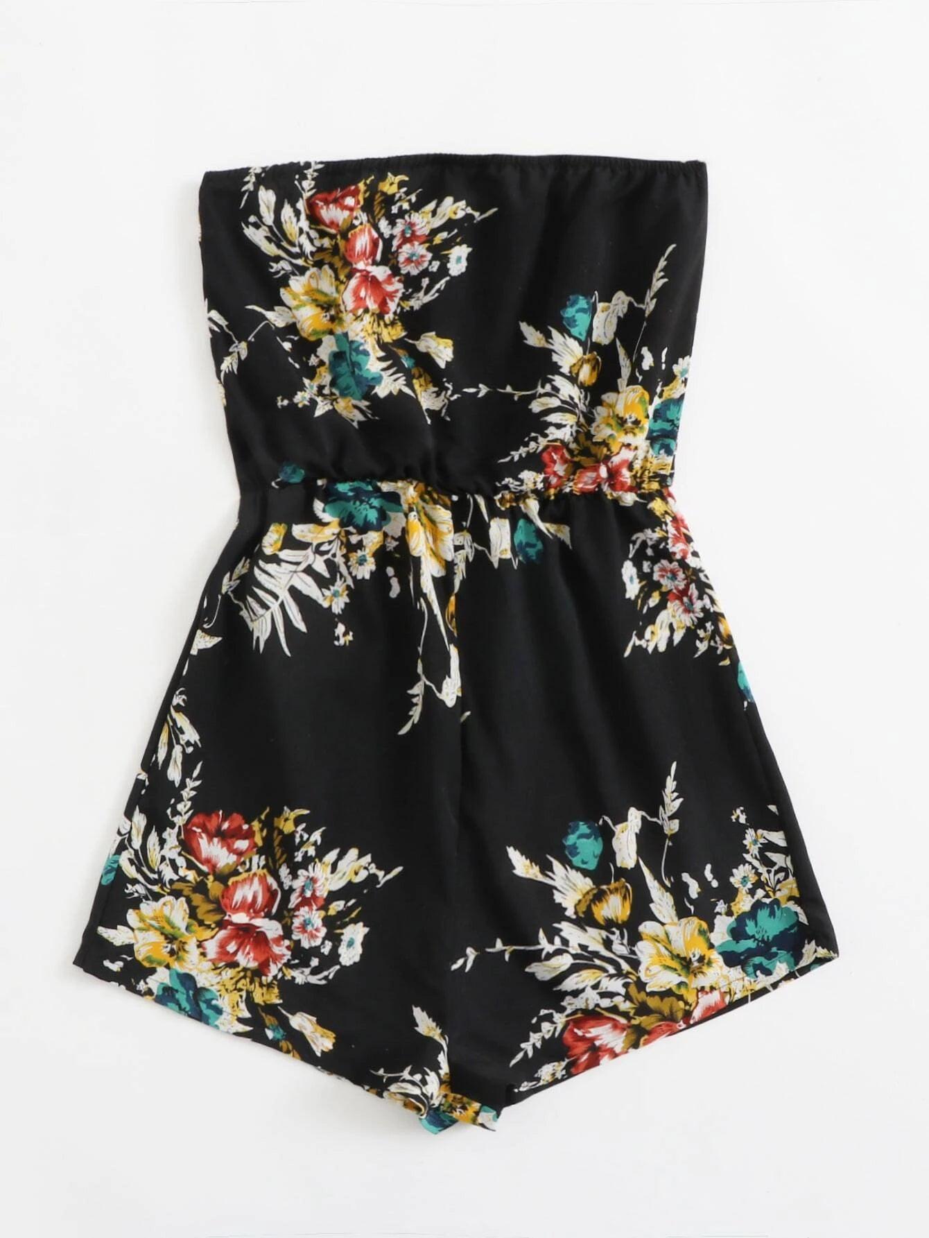 Botanical Print Blouson Waist Tube Romper-Comfy Jumpsuits