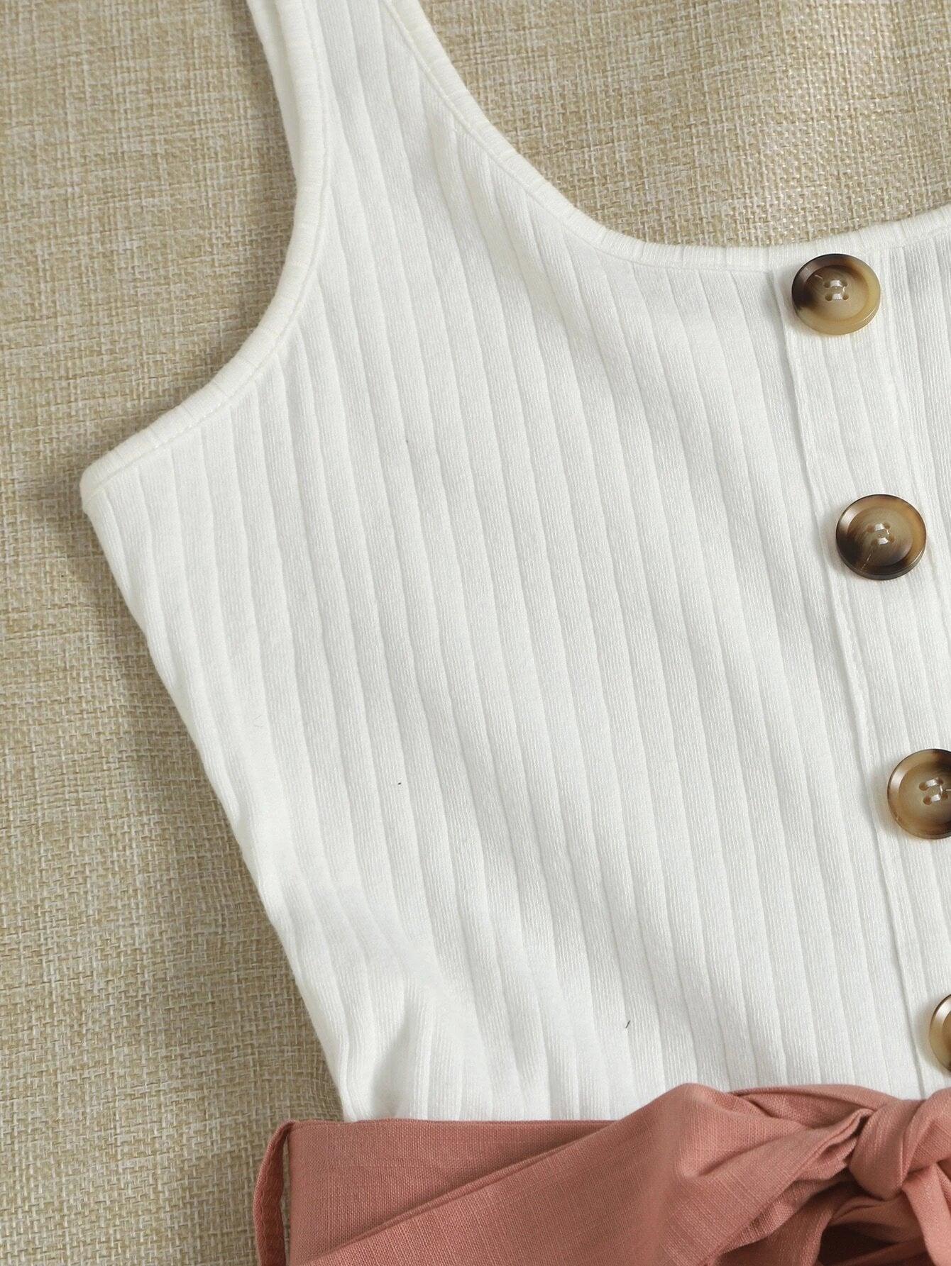 Button Front Belted Combo Tank Romper-Comfy Jumpsuits