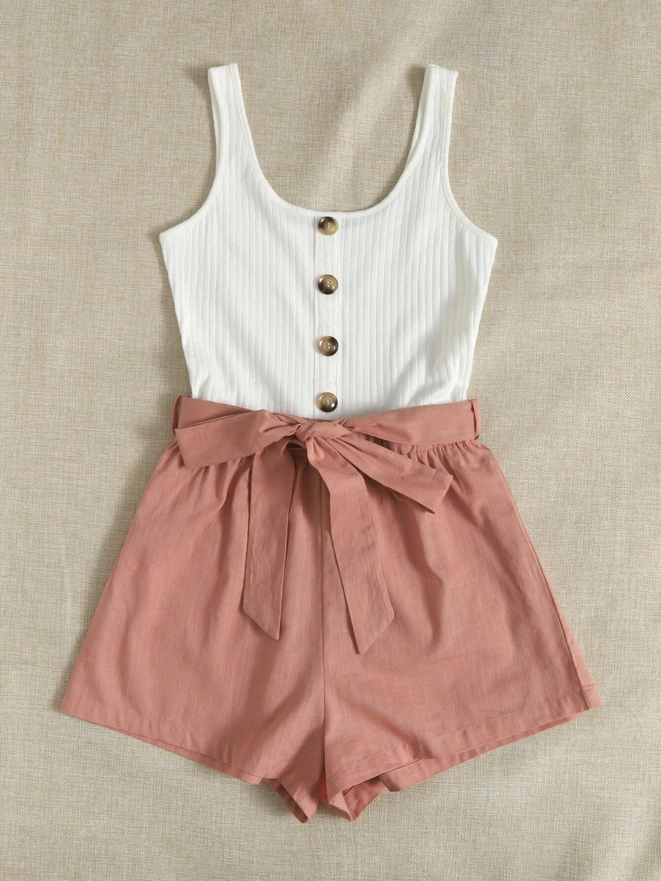 Button Front Belted Combo Tank Romper-Comfy Jumpsuits