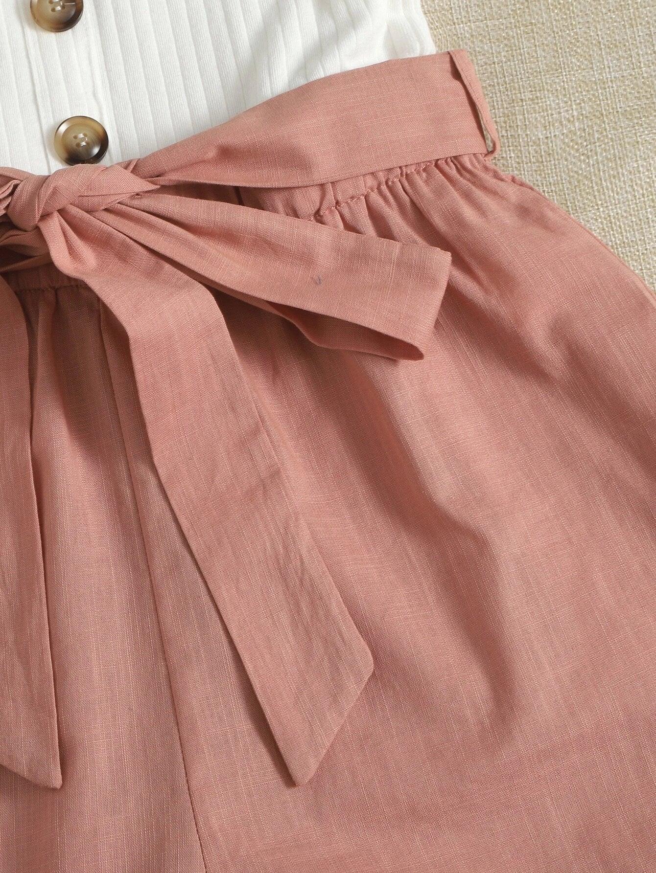 Button Front Belted Combo Tank Romper-Comfy Jumpsuits