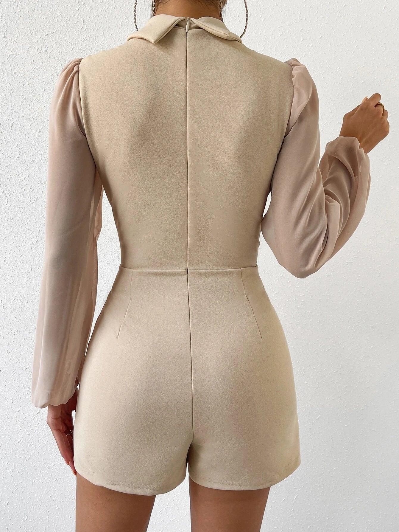 Collar Bishop Sleeve Wrap Hem Jumpsuit-Comfy Jumpsuits