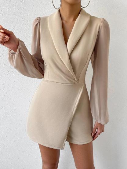 Collar Bishop Sleeve Wrap Hem Jumpsuit-Comfy Jumpsuits