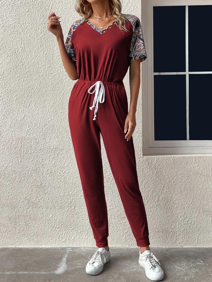 Floral & Geo Print Raglan Sleeve Drawstring Waist Slant Pockets Jumpsuit-Comfy Jumpsuits