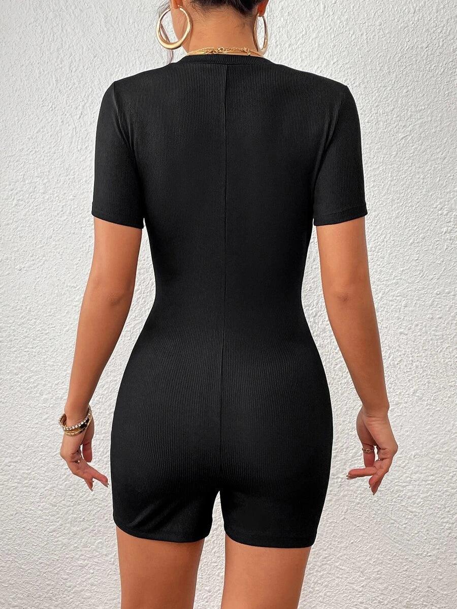 Half Button Round Neck Ribbed Knit Romper-Comfy Jumpsuits