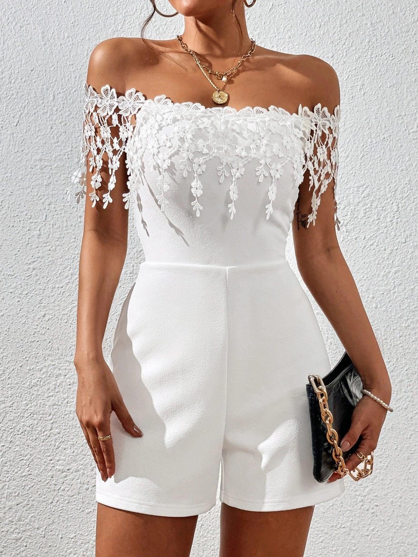 Off Shoulder Lace Appliques Romper-Comfy Jumpsuits